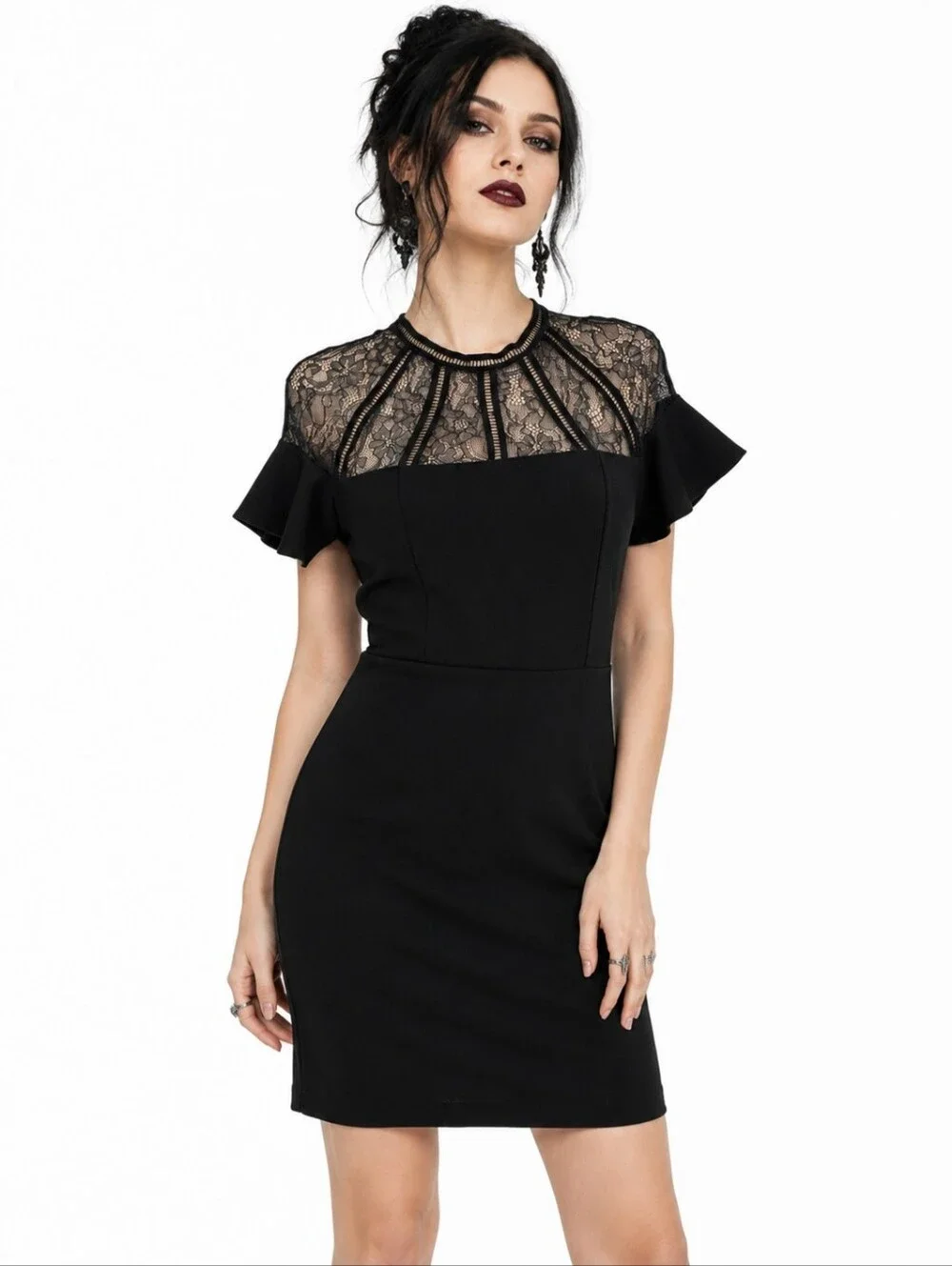 Express Black Lace Illusion Sheath Cocktail Dress Flutter Sleeve Medium M